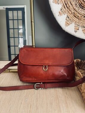 Vintage 1970s Etienne Aigner Antic Red or Brown Leather Crossbody Bag or Clutch